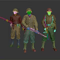 Realistic Three Game Movie Characters in Military Uniforms with Helmets and Rifles