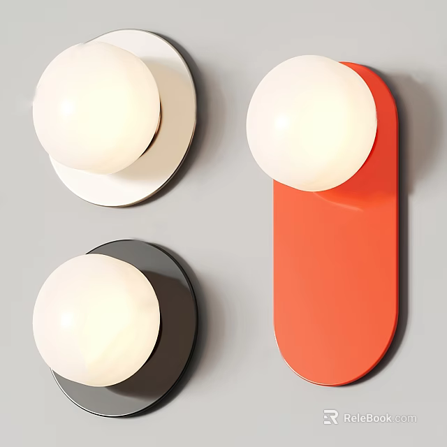 Stylish Modern Wall Lamps with White Black Orange Round Rectangular Bases and Spherical Bulbs 3d model 