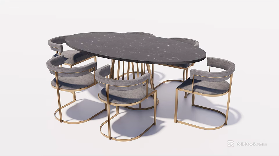 Elegant Modern Dining Table Set With Dark Marble Tabletop And Gold Metal Frame Chairs 3d model 