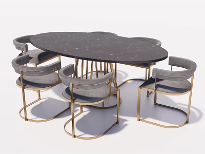 Elegant Modern Dining Table Set With Dark Marble Tabletop And Gold Metal Frame Chairs 3d model