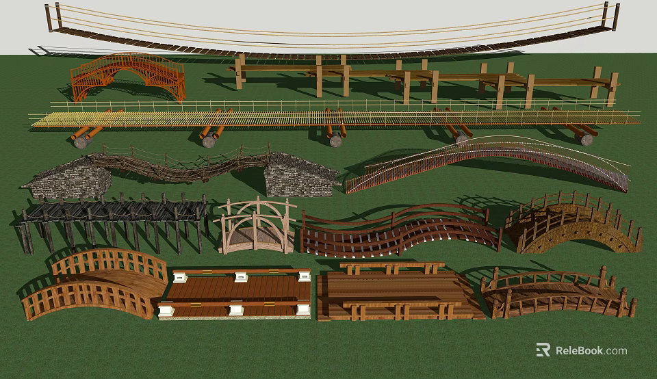 Diverse Wooden Bridge Designs With Arched Structures Stone Accents And Railings 3d model 