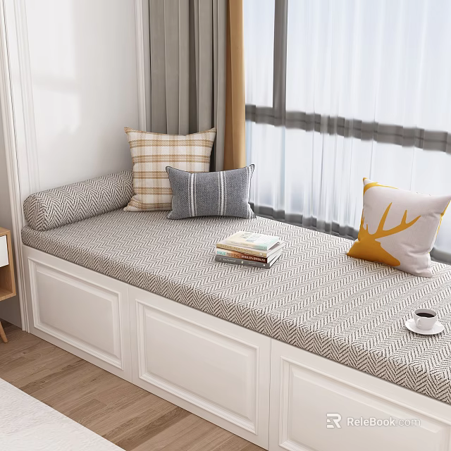Cozy Window Seat In Bedroom With Patterned Pillows Books And Coffee Cup 3d model 