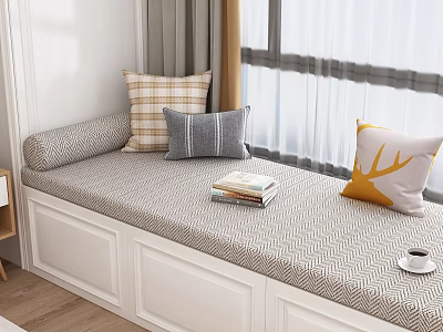 Cozy Window Seat In Bedroom With Patterned Pillows Books And Coffee Cup 3d model