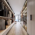 Modern Walk in Closet Interior Design With Hanging Clothes Shelves Glass Doors And Wooden Flooring