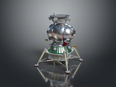 Silver Lunar Lander Model With Green Base Metal Texture And Support Legs 3d model