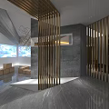Modern Boutique Store Interior With Golden Slats Partition And Gray Textured Walls