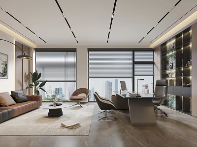 Modern Office Interior Open Layout With Large Windows Blinds Sofa Desk Chair And Plant 3d model