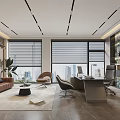 Modern Office Interior Open Layout With Large Windows Blinds Sofa Desk Chair And Plant
