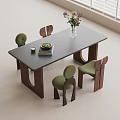 Modern Dining Table Set with Gray Tabletop Wooden Legs Green Cushioned Chairs Vase and Flowers