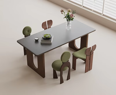 Modern Dining Table Set with Gray Tabletop Wooden Legs Green Cushioned Chairs Vase and Flowers 3d model