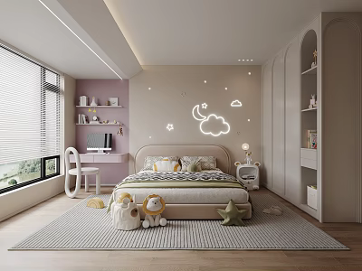 Soft Modern Kids Room Interior With Cloud Moon Neon Lights Bed Bookshelves And Stuffed Toys 3d model
