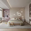 Soft Modern Kids Room Interior With Cloud Moon Neon Lights Bed Bookshelves And Stuffed Toys