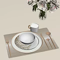 Minimalist White Ceramic Tableware Set With Bowl Plate Wooden Cutlery Placemat And Floral Vase