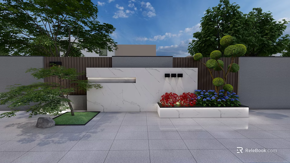 Modern Outdoor Feature Wall With White Marble Wooden Accents Green Plants Flower Bed And Paved Ground 3d model 