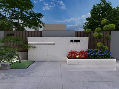 Modern Outdoor Feature Wall With White Marble Wooden Accents Green Plants Flower Bed And Paved Ground 3d model