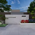 Modern Outdoor Feature Wall With White Marble Wooden Accents Green Plants Flower Bed And Paved Ground