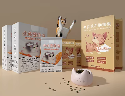 Full Price Adult Cat Food Staple Meal With Five Fresh Meat And Bowl For Pets 3d model