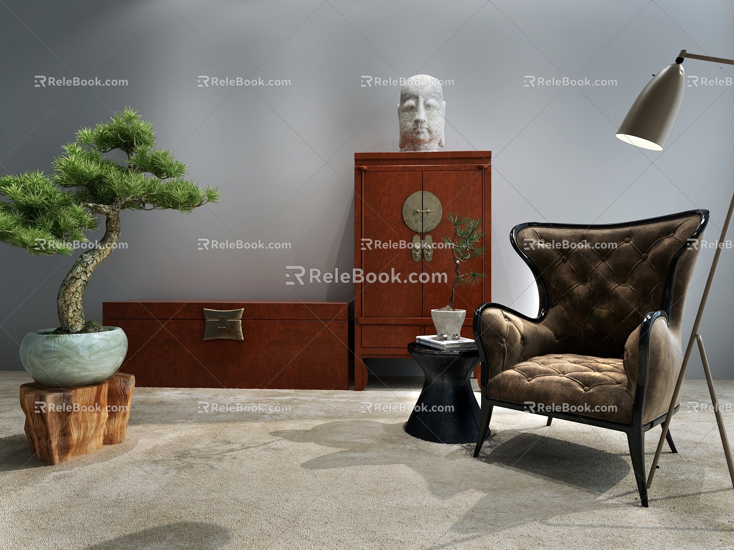 Classical box decorative cabinet bonsai single chair floor lamp 3d model