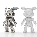 Silver And Gold Mechanical Rabbit Figurines With Headphones And Robot Style Limbs