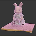 Cute Rabbit Doll Wearing Floral Green Dress Standing On Wooden Platform