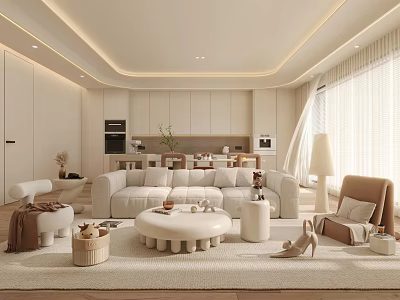 Modern Minimalist Living Dining Room With Open Kitchen Cabinets White Sofa Round Coffee Table 3d model
