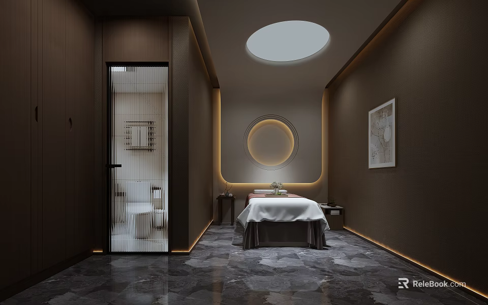 Modern SPA Sauna Interior Design With Massage Bed Circular Skylight Dark Walls And Stone Floor 3d model 