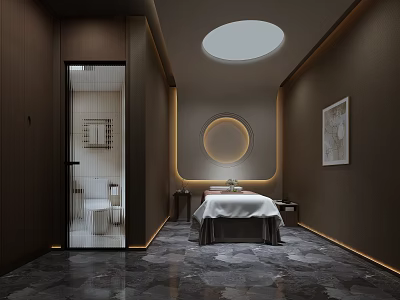 Modern SPA Sauna Interior Design With Massage Bed Circular Skylight Dark Walls And Stone Floor 3d model