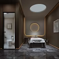 Modern SPA Sauna Interior Design With Massage Bed Circular Skylight Dark Walls And Stone Floor