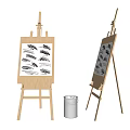 Wooden Easels With Canvas Boards And Black Brush Strokes Near Metal Bucket