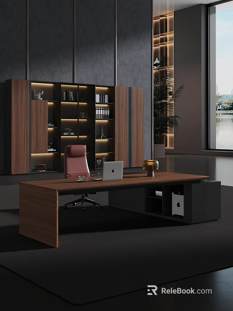 Modern Office Desk with Laptop Pink Chair Lit Bookshelf and Green Plant 3d model 