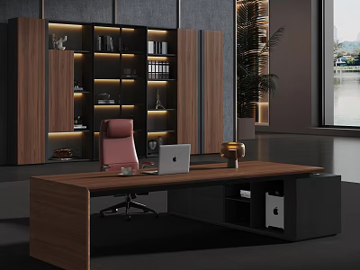 Modern Office Desk with Laptop Pink Chair Lit Bookshelf and Green Plant 3d model