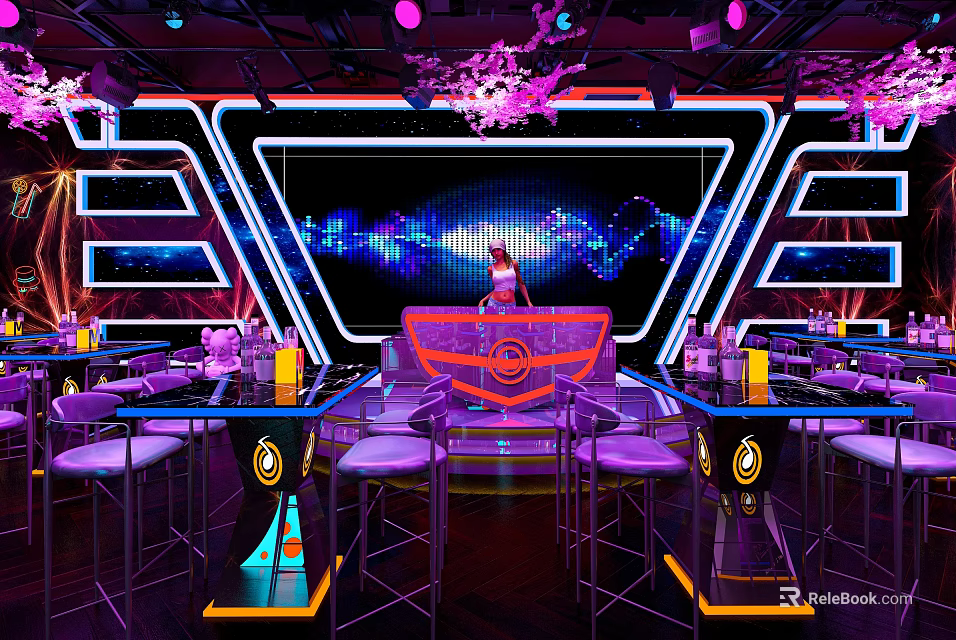 Modern Bar Interior With Neon Lights Stage Bar Counter Purple Seats And Blue Lighting 3d model 