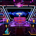 Modern Bar Interior With Neon Lights Stage Bar Counter Purple Seats And Blue Lighting