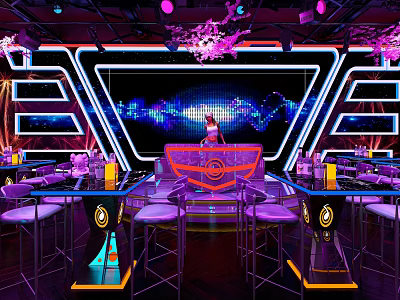 Modern Bar Interior With Neon Lights Stage Bar Counter Purple Seats And Blue Lighting 3d model