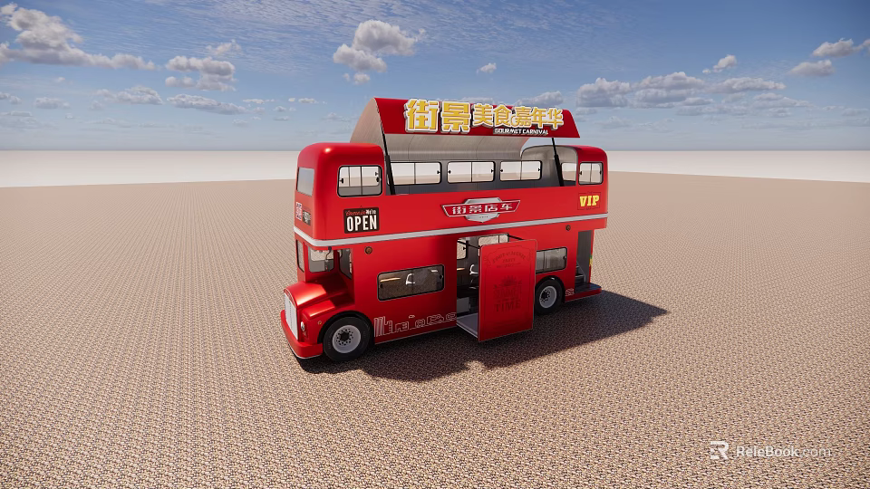 Red Double Decker Bus With Open Door Against Blue Sky And Sandy Ground 3d model 