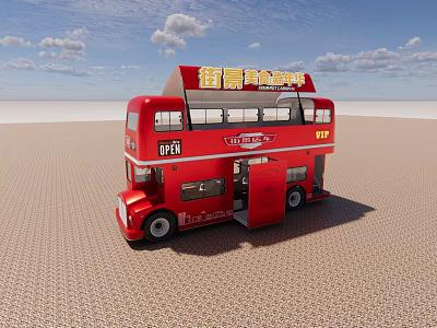 Red Double Decker Bus With Open Door Against Blue Sky And Sandy Ground 3d model