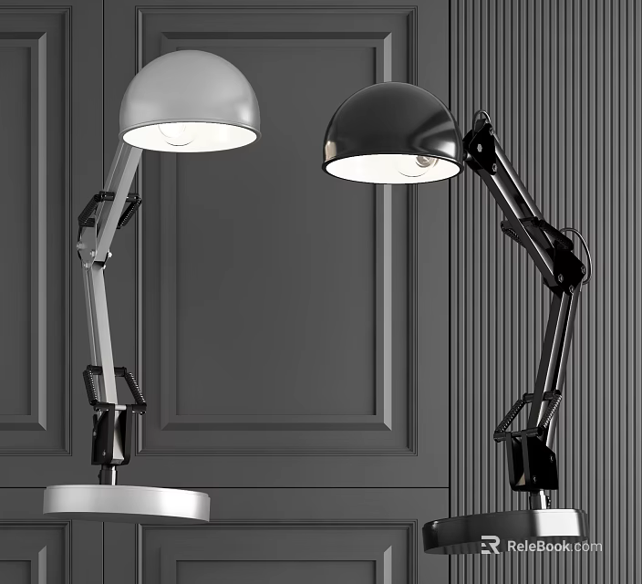 Modern Silver and Black Table Lamps with Adjustable Arms and Round Bases on Dark Wall 3d model 