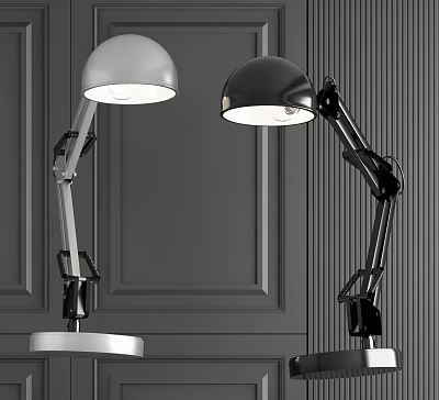 Modern Silver and Black Table Lamps with Adjustable Arms and Round Bases on Dark Wall 3d model