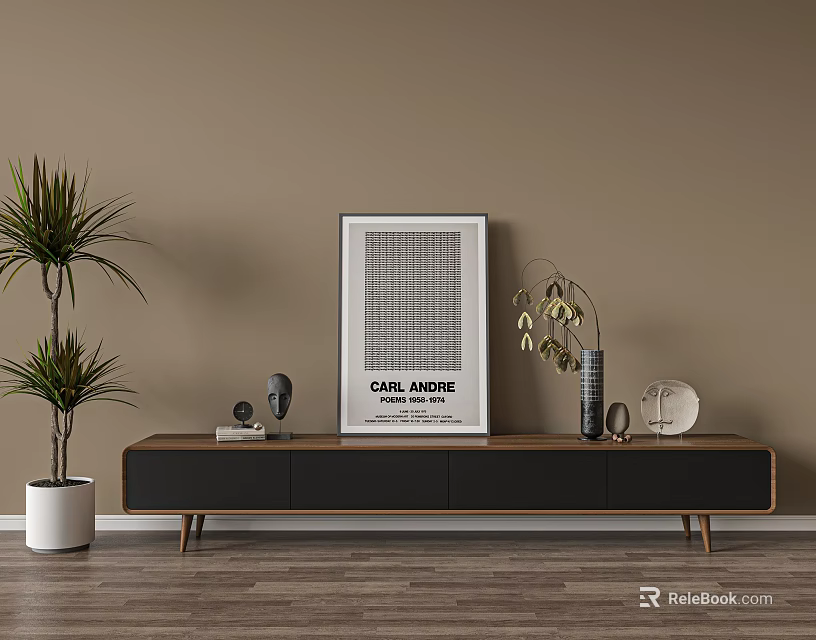 Modern Wooden TV Stand With Decorative Items Poster And Plants In Living Room 3d model 