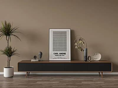 Modern Wooden TV Stand With Decorative Items Poster And Plants In Living Room 3d model