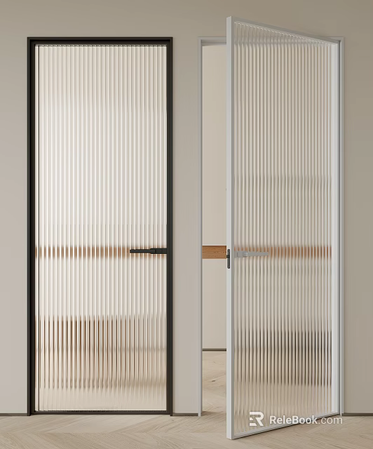 Modern Minimalist Interior Flush Door With Vertical Striped Glass And Black White Frames 3d model 