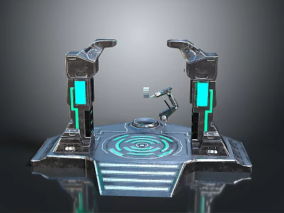 Futuristic Mechanical Platform Structure With Illuminated Panels And Robotic Arm Design 3d model