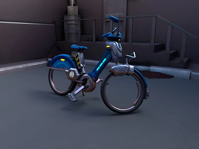 Blue Futuristic Bicycle With Tech Inspired Design In Industrial Style Background With Staircase And Pipes 3d model