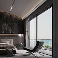 Elegant Bedroom Interior With Dark Marble Accent Wall Plush Bed And Leather Chair