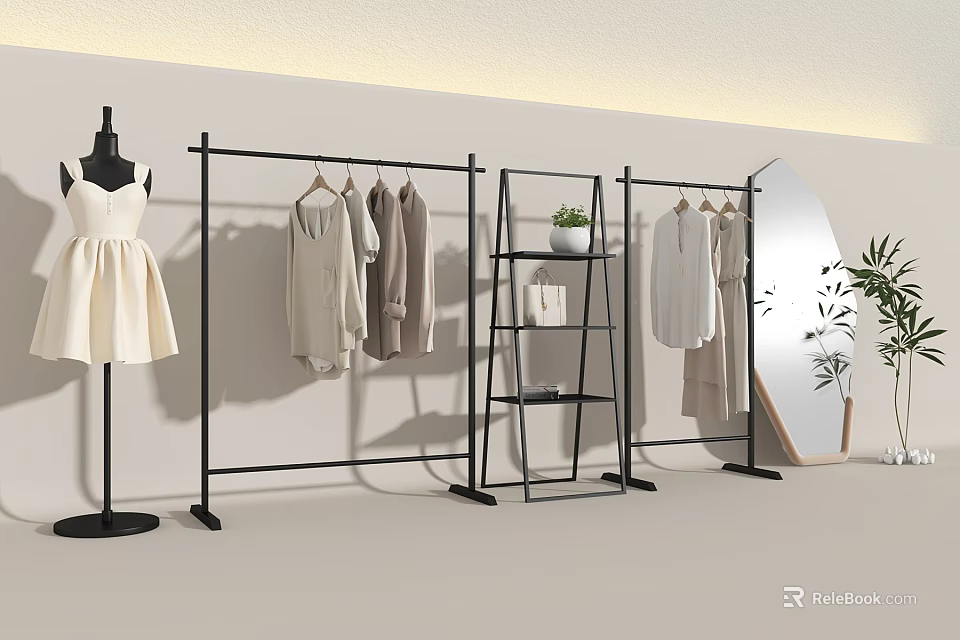 Modern Black Garment Racks With Hanging Clothes Mannequin Potted Plant And Round Mirror 3d model 