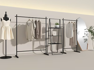 Modern Black Garment Racks With Hanging Clothes Mannequin Potted Plant And Round Mirror 3d model