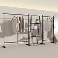 Modern Black Garment Racks With Hanging Clothes Mannequin Potted Plant And Round Mirror