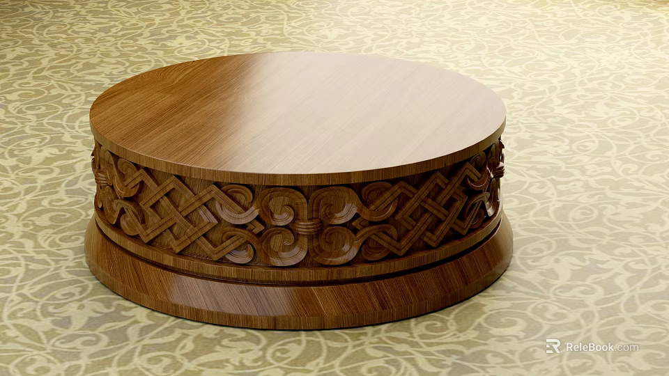 Round Wooden Pillar With Intricate Carved Patterns On Patterned Floor 3d model