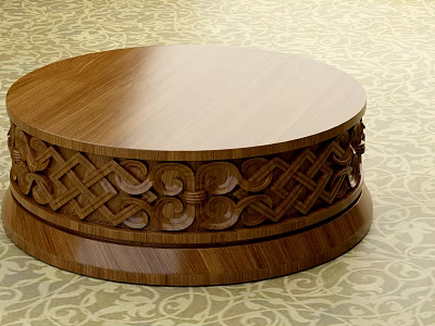 Round Wooden Pillar With Intricate Carved Patterns On Patterned Floor 3d model