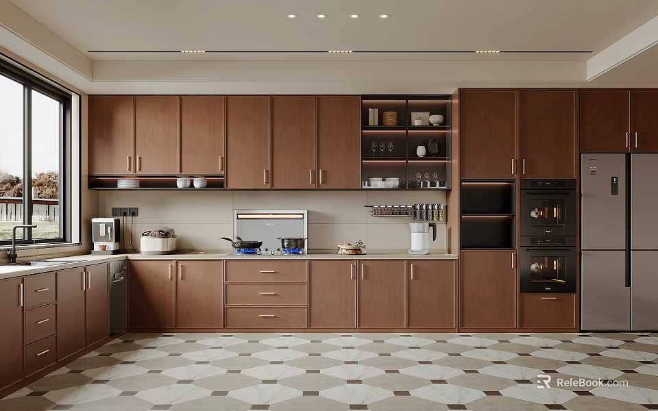 Modern Kitchen Interior With Brown Cabinets Appliances Countertop And Geometric Floor Tiles 3d model 
